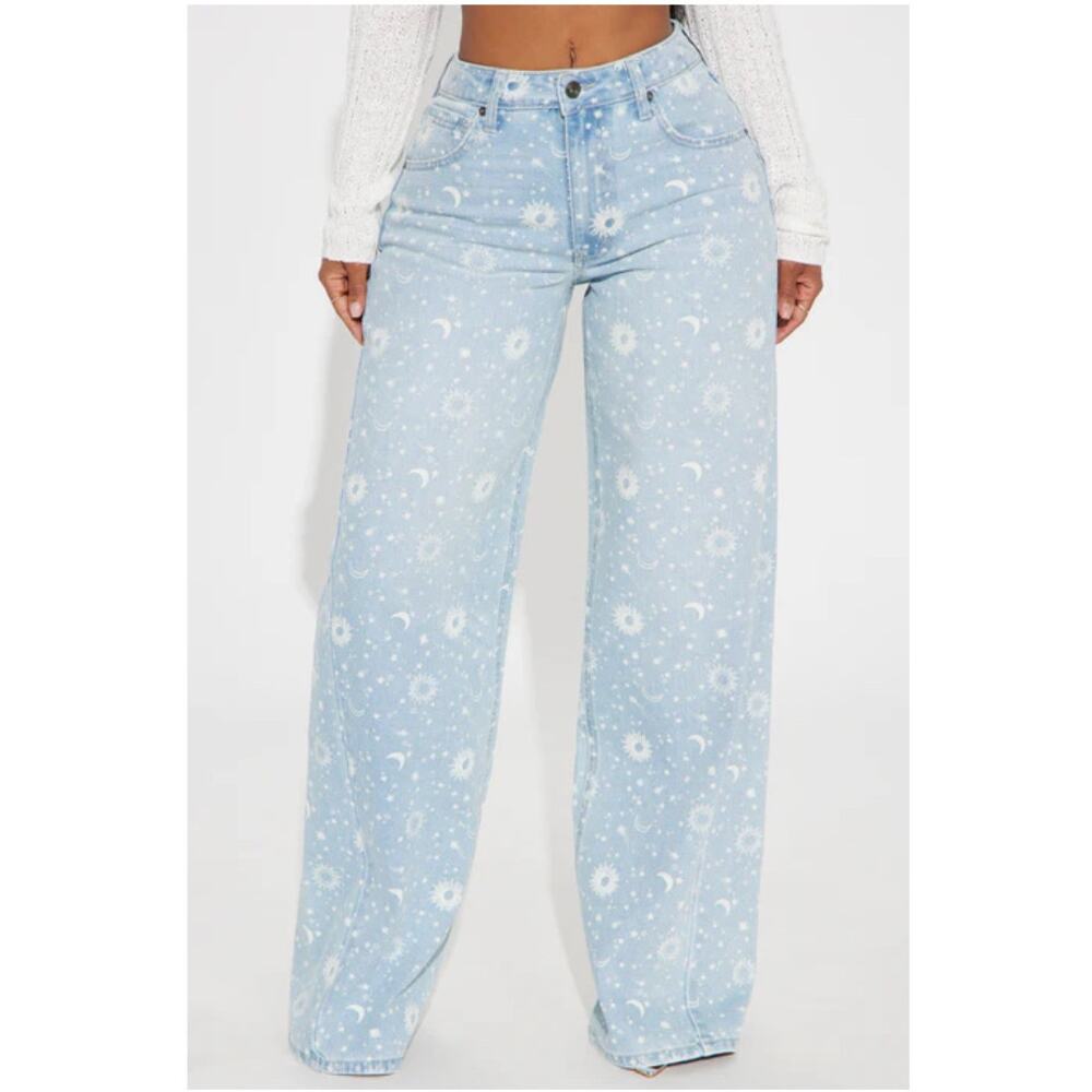 Fashionova Women Baggy Jeans Sz.9 Blue NWT Star Aligning print Jeans boho Y2K